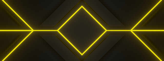 3d Geometric black background with yellow neon lights