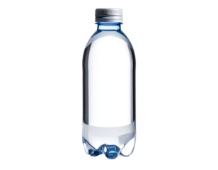 Clear plastic water bottle with a silver cap and a blue base, standing upright against a black background, showing no label