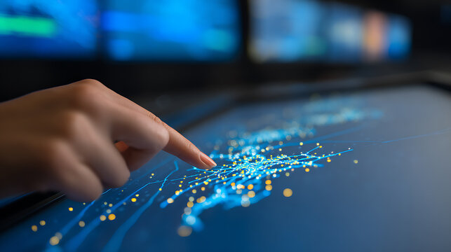 Hand pointing at a digital data visualization on a touchscreen interface with glowing nodes and connections - Powered by Adobe