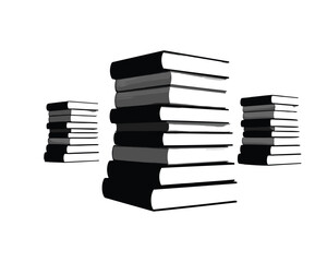 Tall stacks of books with white pages and dark covers against a white background