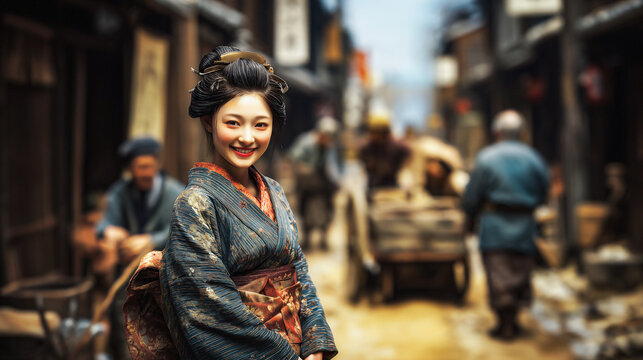 Graceful Woman in Traditional Kimono, Edo Japan Scene