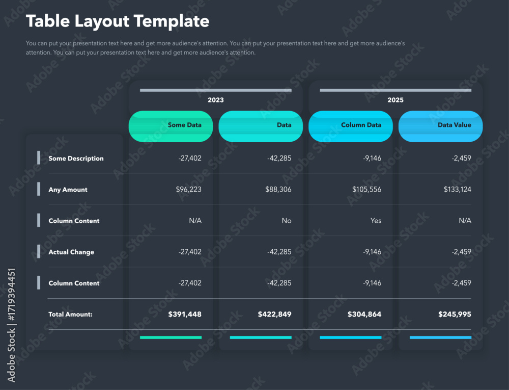 Aufkleber table layout template with column year and a total amount row - dark version. simple flat template f