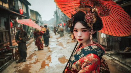 Graceful Woman in Traditional Kimono, Edo Japan Scene