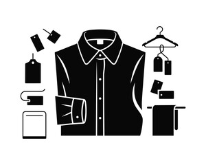 Black silhouette of a collared dress shirt with retail tags and hanger
