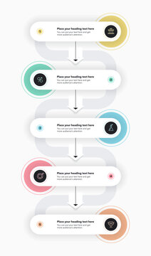Vertical process infographic template with five options. Flat presentation diagram with numbers and icons for workflow layout, banner or web design.