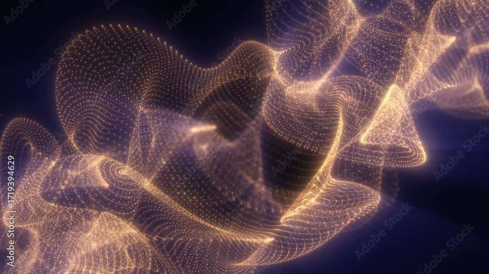 Poster glowing golden particles swirl into an elegant abstract wave pattern, flowing through dark space wit