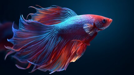 Fototapeta premium Colorful betta fish swimming gracefully in a tranquil aquarium setting with soft blue lighting