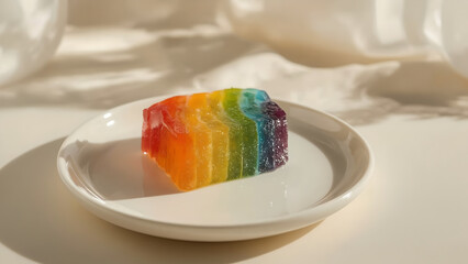Rainbow layered jelly dessert on white plate with soft sunlight