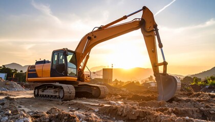 Obraz premium Excavator machine on a construction site at sunset illustrating construction and building