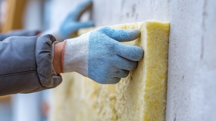 facade insulation installation close-up with gloved hands for construction manuals, building material catalogs, and energy efficiency blog posts, cold outdoor tone, photorealistic detail, neutral back