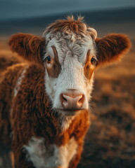 Side portrait of white and brown cow in warm sunlight for farming publications, organic dairy branding, and nature education visuals, natural outdoor setting, golden tones, blurred pasture background