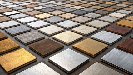  a collection of square metal plates in various colors and finishes, arranged in a grid pattern. The materials appear to include different types of metal such as aluminum, brass, and stainless steel, 