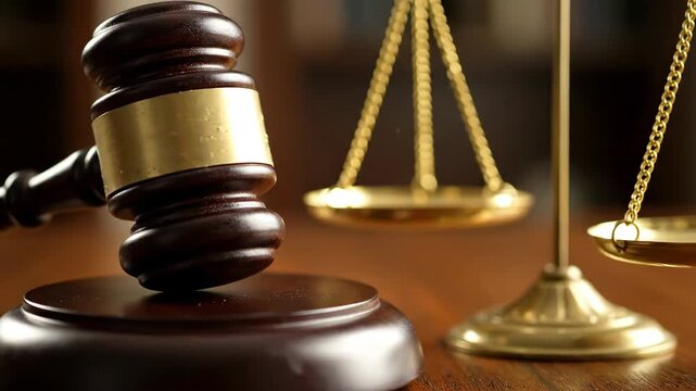 Gavel and Scales of Justice on Wooden Desk Representing the Legal System