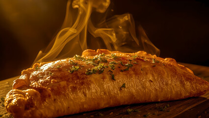 Freshly baked pastry with steam rising in warm golden light