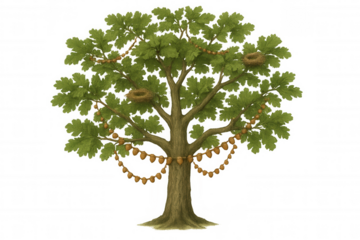 Oak tree with acorn garland and bird nests, celebrating nature and new life, illustration on transparent background