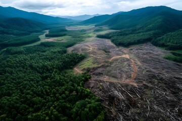 Deforestation area with tree trunks and stumps. Environmental destruction. Ecological problem. Global warming. Climate change. Biodiversity loss. Human impact on nature. Forest exploitation