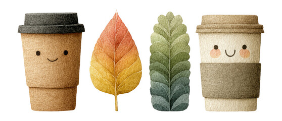Cute Coffee Cups and Leaves Illustration with Cheerful Expressions on Transparent Background