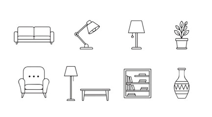 Fototapeta premium Collection of furniture and home decor items in a minimalist silhouette style
