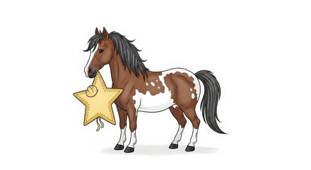 Obraz premium A brown and white pinto horse is holding a golden star with a ribbon in its mouth.