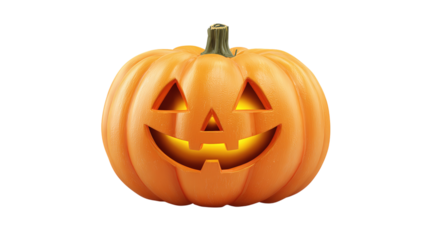 Classic jack-o’-lantern pumpkin with glowing grin, stylized illustration, isolated on transparent background 