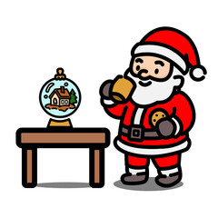 Santa with cookie staring at snow globe