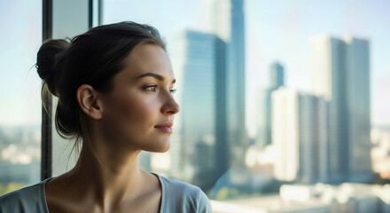 Fototapeta premium Woman looking out window cityscape view contemplating future career success in modern office building