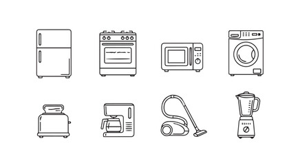 Collection of household kitchen and cleaning appliance silhouettes