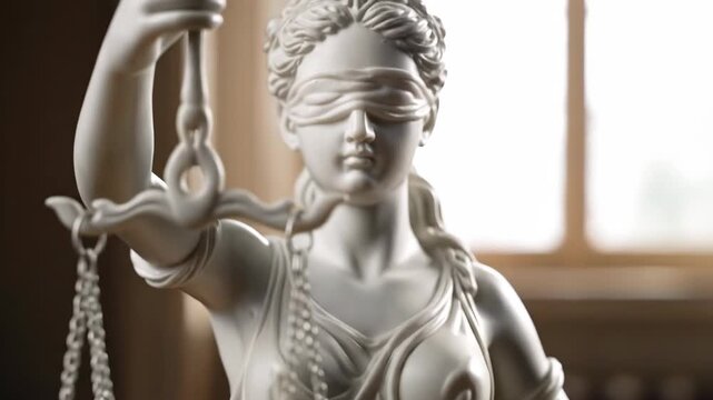 Close up of a Lady Justice Statue Inside During the Day, the Camera Stays Focused on Its Blindfold - Powered by Adobe