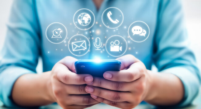 Person using mobile phone with communication icons for social media and digital marketing strategy ideas - Powered by Adobe