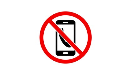 A simple, bold sign illustrating a mobile phone with a red circle and diagonal line, symbolizing "no phones allowed," set against a white backdrop