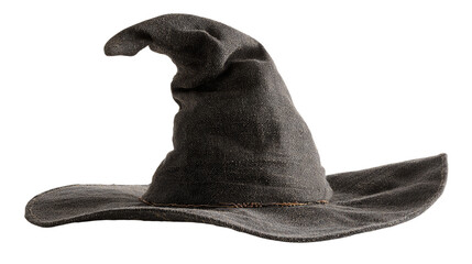 Classic witch hat with wide brim and bent tip, detailed Halloween accessory, isolated on transparent background 