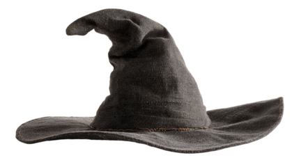 Classic witch hat with wide brim and bent tip, detailed Halloween accessory, isolated on transparent background 