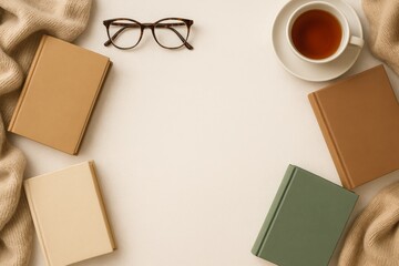 Cozy flat lay with books, glasses, and cup of tea, perfect for reading or relaxation, copy space.