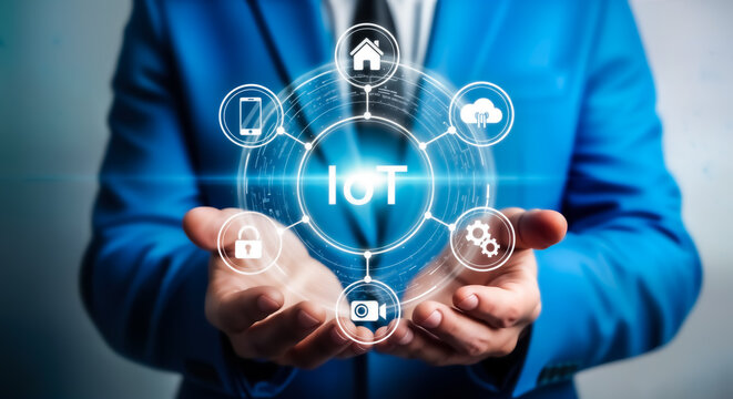 Internet of things iot concept with person holding technology icons in their hands for connectivity