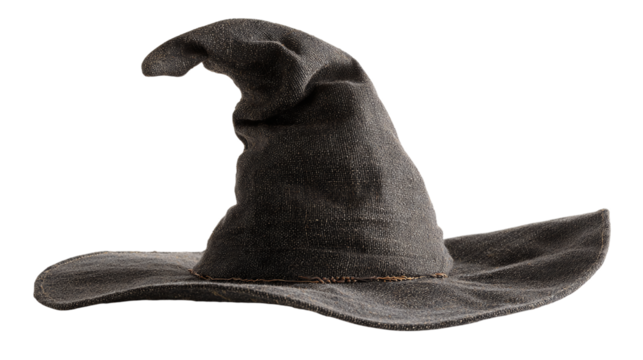 Classic witch hat with wide brim and bent tip, detailed Halloween accessory, isolated on transparent background 