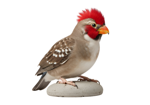 A lovely, light brownish-gray finch with a striking red crest perches on a small, light gray stone against a black background.