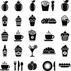 Collection of food and drink icons in black and white