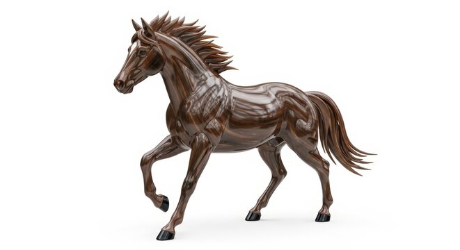 A majestic brown horse with a flowing mane and tail, captured in a dynamic pose with its front leg raised. - Powered by Adobe