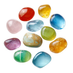 Colorful and Polished Semi-Precious Stones Displayed on a White Background for Decorative Use or Healing Practices