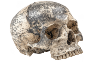 Intricately decorated human skull with architectural drawings and script isolated on transparent background