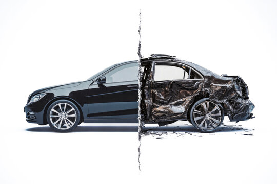Half destroyed car showing before and after crash