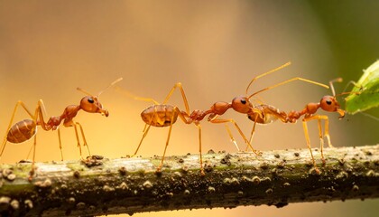 Teamwork A Line of Ants Collaborating to Move a Green Leaf Across a Branch