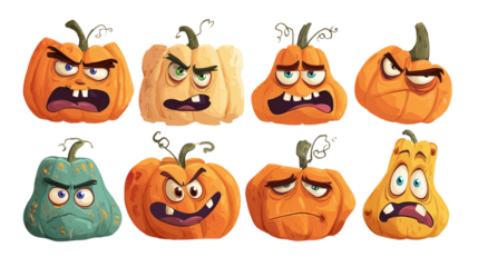Collection of cartoon pumpkins with expressive faces isolated on transparent background 