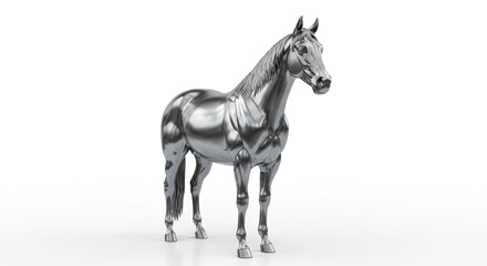 Obraz premium A highly detailed, realistic 3D render of a metallic horse sculpture standing on a white background.