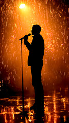 Silhouette of a Male Singer on Stage in the Rain. Live Performance, Music Concert, Passionate Artist.
