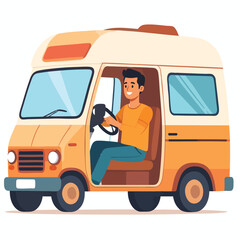 A smiling man driving a yellow and white camper van, holding the steering wheel and looking forward.