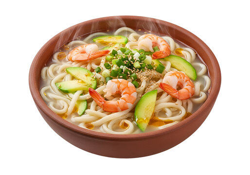 A hearty bowl of steaming udon noodles is topped with succulent shrimp and tender zucchini.
