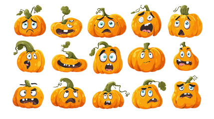 Fototapeta premium Collection of cartoon pumpkins with expressive faces isolated on transparent background 