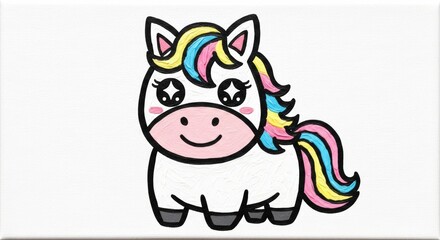 Obraz premium A cute cartoon drawing of a white unicorn with a rainbow mane and tail, big sparkly eyes, and a pink nose.