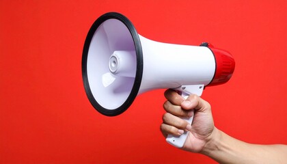 Person holding red and white megaphone with black rim against light background, symbolizing amplified communication and urgency.